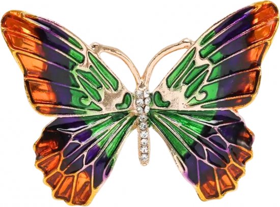 Broche -vlinder-strass- groen- paars -oranje- speld- Goudkleurig- Charme Bijoux