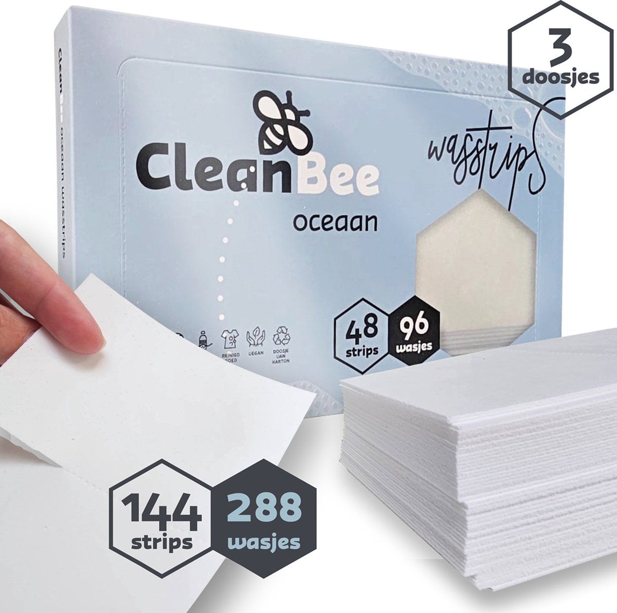 CleanBee® Wasstrips 288 Wasbeurten Oceaan - Wasmiddeldoekjes - Wasstrips Proefpakket - Wasmiddel - Wasvellen - Detergent Sheets - Eco Laundry Strips - Plasticvrij - Biologisch - Eco Wasstrips