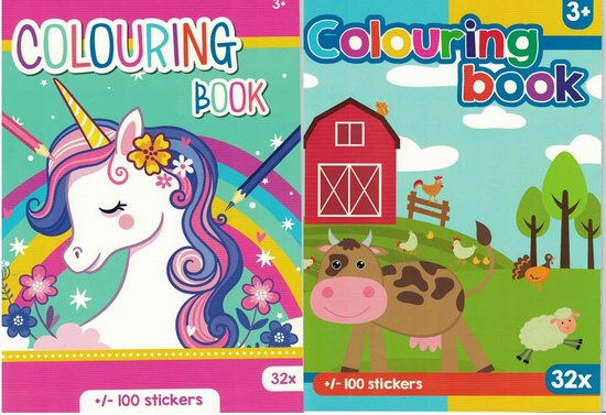 Foto: 2 kleurboeken met stickers unicorn eenhoorn boerderij dieren de dieren van de boerderij 2 x 100 stickers 3 