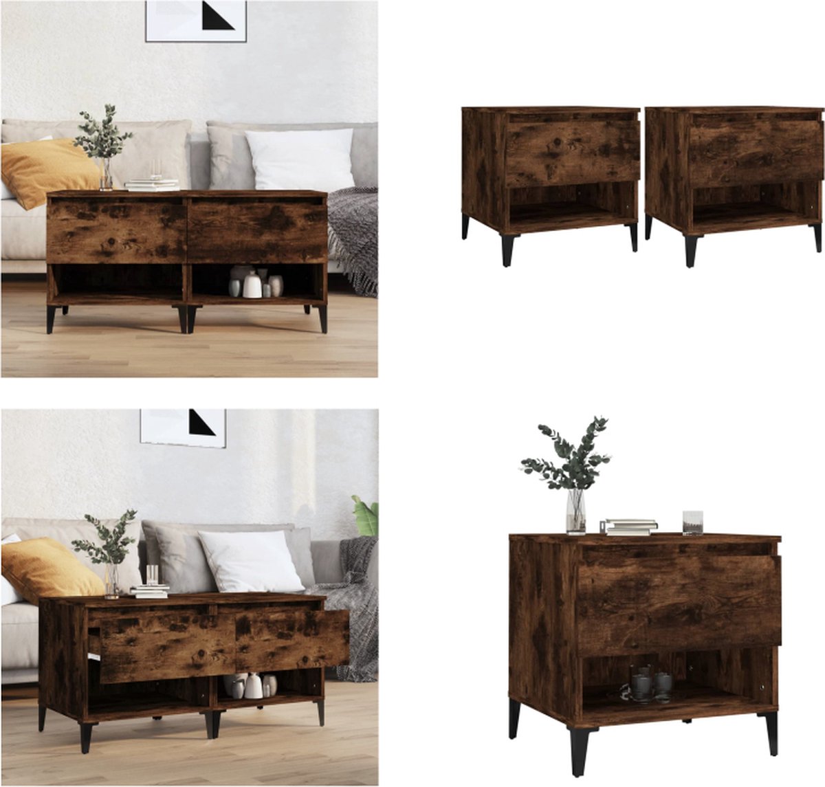 vidaXL Bijzettafels - 2 - st - 50x46x50 - cm - bewerkt - hout - gerookt - eikenkleurig