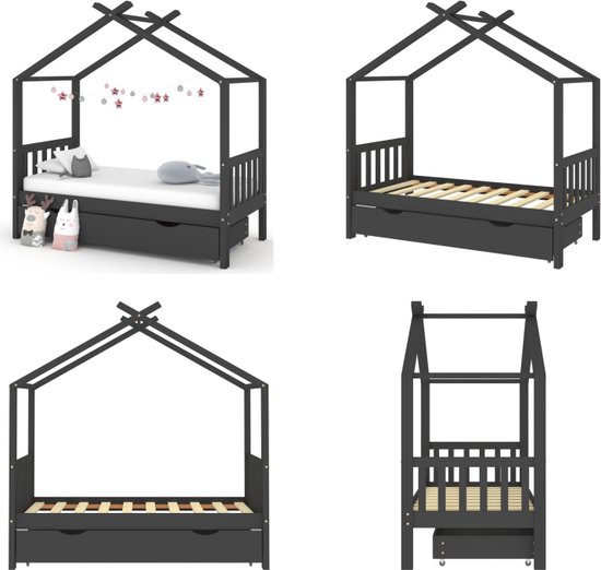 vidaXL Kinderbedframe met lade grenenhout donkergrijs 80x160 cm - Kinderbedframe - Kinderbedframes - Bed - Bedden
