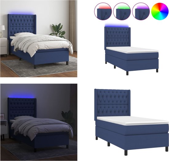 vidaXL Boxspring met matras en LED stof blauw 100x200 cm - Boxspring - Boxsprings - Bed - Slaapmeubel