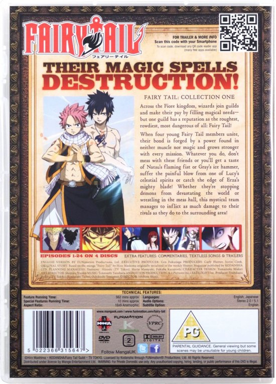 Achterkant van de Fairy Tail Collection One DVD. Natsu en Gray vooraan, met kleinere afbeeldingen van andere personages en productinformatie.
