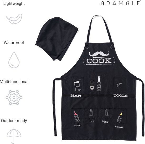 BRAMBLE - Tablier amusant pour hommes, tablier de barbecue avec capuche, 7 poches et décapsuleur attachés - Cadeau Uniek pour Noël, anniversaires et Vaderdag