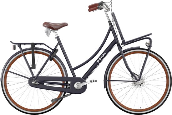 Donkerblauwe transportfiets met bruine details, zadel, handvatten en velgrand.