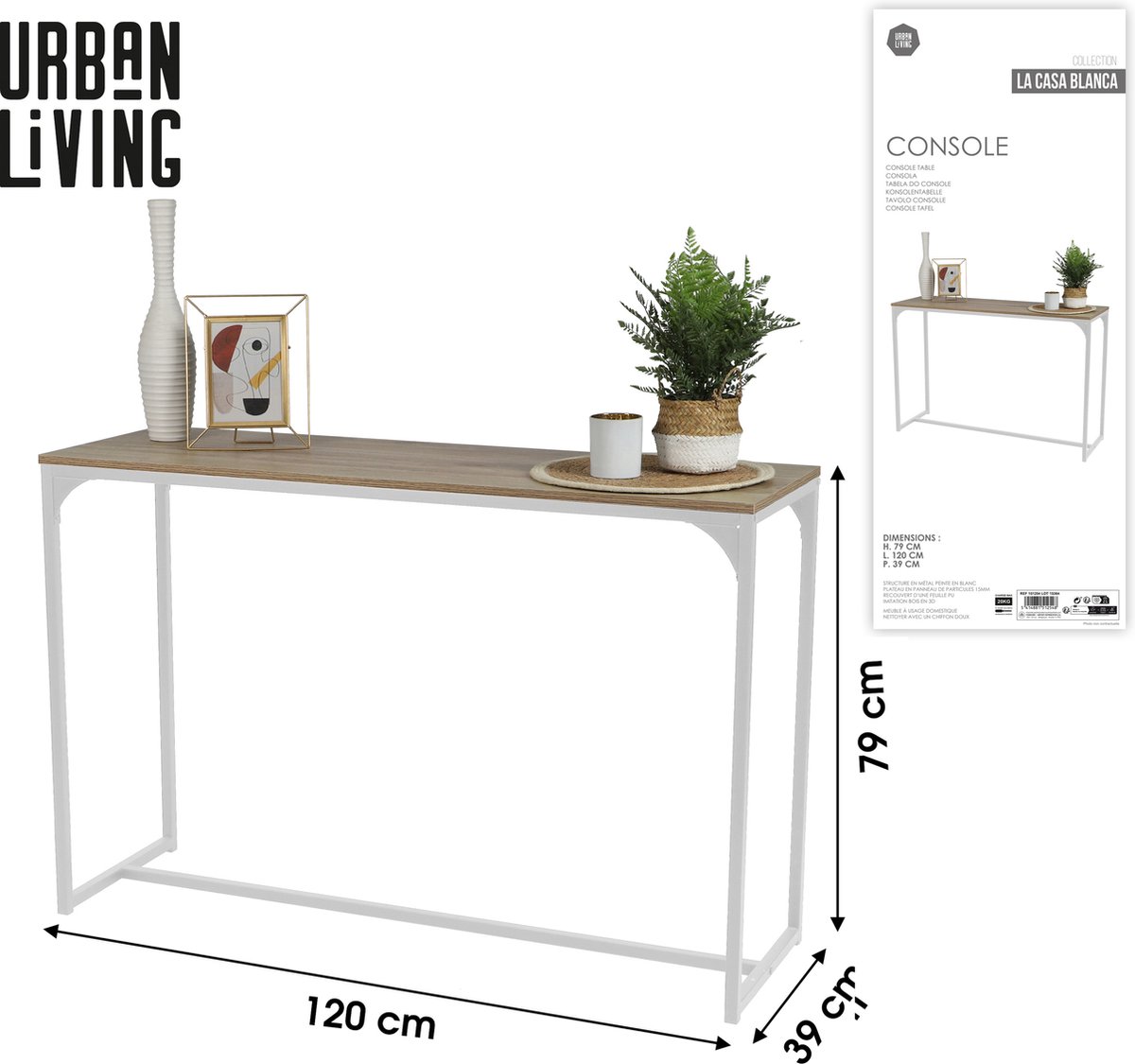 Urban Living "LA CASA BLANCA" Console met wit metalen frame 120x39xH79 cm white