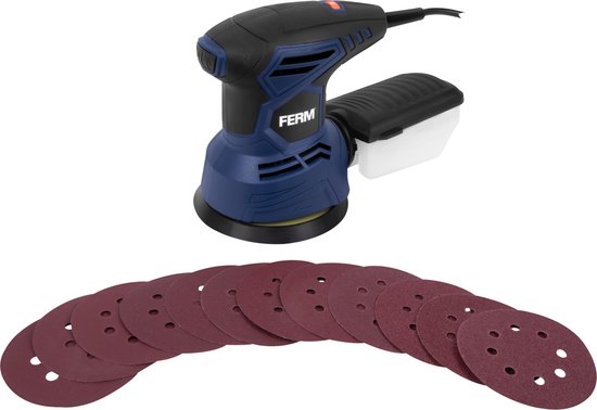 FERM - ESM1015 - Excentrische schuurmachine - 125mm - 300W - Variabel toerental - 6.000-13.000/min - 3 meter kabel - Stofopvangbak - Softgrip - Klittenband zool - Met - 9 stuks - schuurpapier - Licht gewicht - Rondschuurmachine - Handpalm