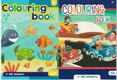 2 Kleurboeken met stickers - Zeevissen - Dieren onderwater - Dieren - Auto's - Raceauto - Bus - 2 x 100 stickers - 3+