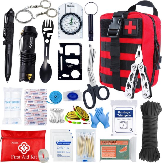 Graxury 27-in-1 Survivalkit, Multifunctionele Survivalkit, EHBO-set Voor Outdoorsport, Camping, Bergbeklimmen, Vuursteen/Thermodeken/Fluitje
