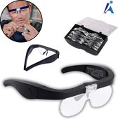 Professionele Loepbril - Overzetbril – loepbril met led verlichting - Vergrotende - Hobby Vergrootglas - vergrootglas bril - Incl. Opbergtasje/Luxe brillendoek/4 Lenzen/USB-Kabel - Vergrootglasbril met Ledverlichting