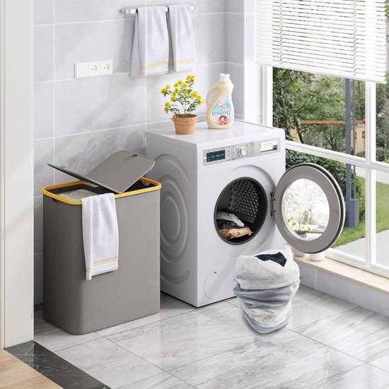 Hennez Wasbox 150 liter, wasmand 3 vakken, met deksel, wassorteerder met waszak, laundry basket, zwart bamboe, wasketon, sorteersysteem, wasverzamelaar