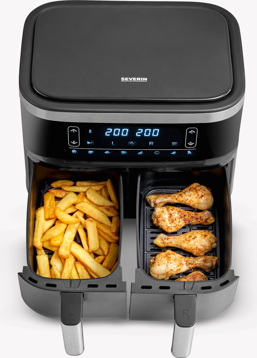 SEVERIN Dubbele heteluchtfriteuse met 2 x 3,8 l ovenruimte, XXL heteluchtfriteuse voor gezond koken, 8 automatische programma's, friteuse zonder vet met droogfunctie, 2850 W, zwart/zilver, FR 2453