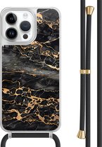 Casimoda® hoesje met zwart koord - Geschikt voor iPhone 14 Pro Max - Marmer Grijs Brons - Afneembaar koord - TPU/polycarbonaat - Grijs