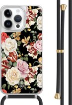 Casimoda® hoesje met zwart koord - Geschikt voor iPhone 14 Pro Max - Bloemen flowerpower - Afneembaar koord - TPU/polycarbonaat - Multi
