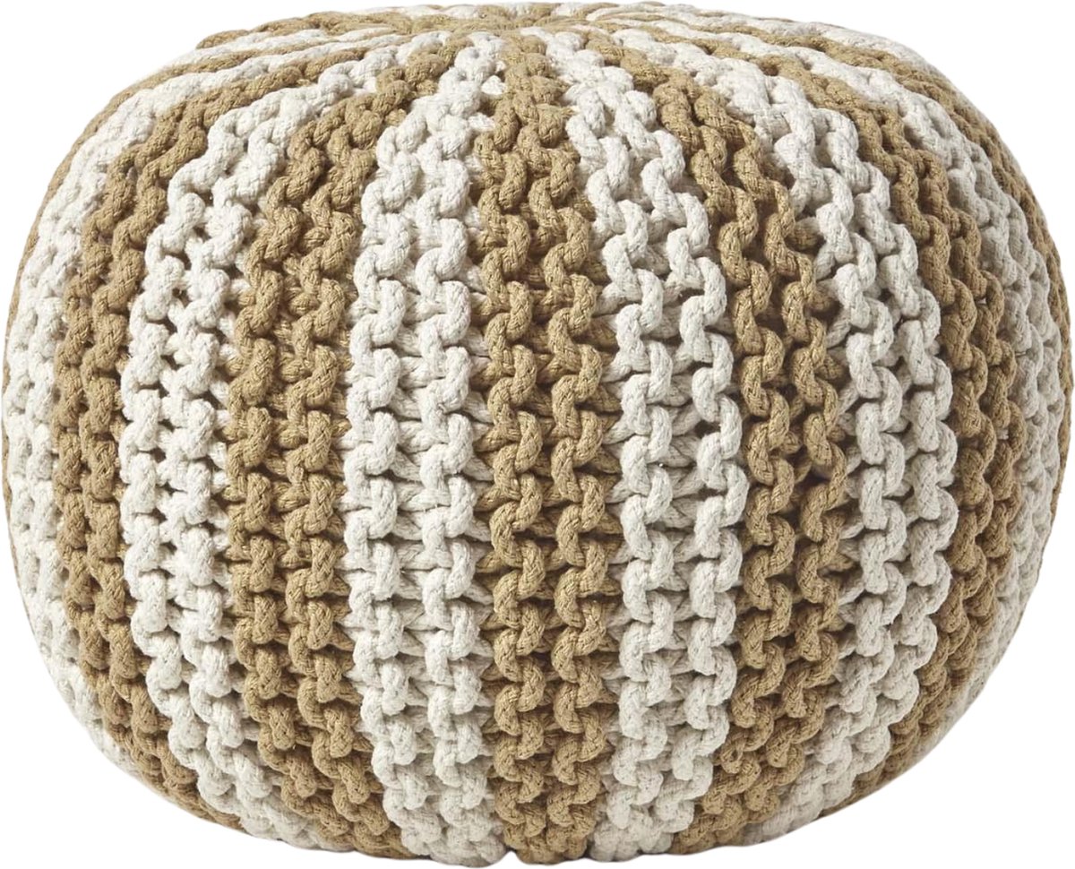 Homescapes Gebreide ronde poef - Streepdesign - Katoen - linnen-wit - 35 x 40 cm Beige
