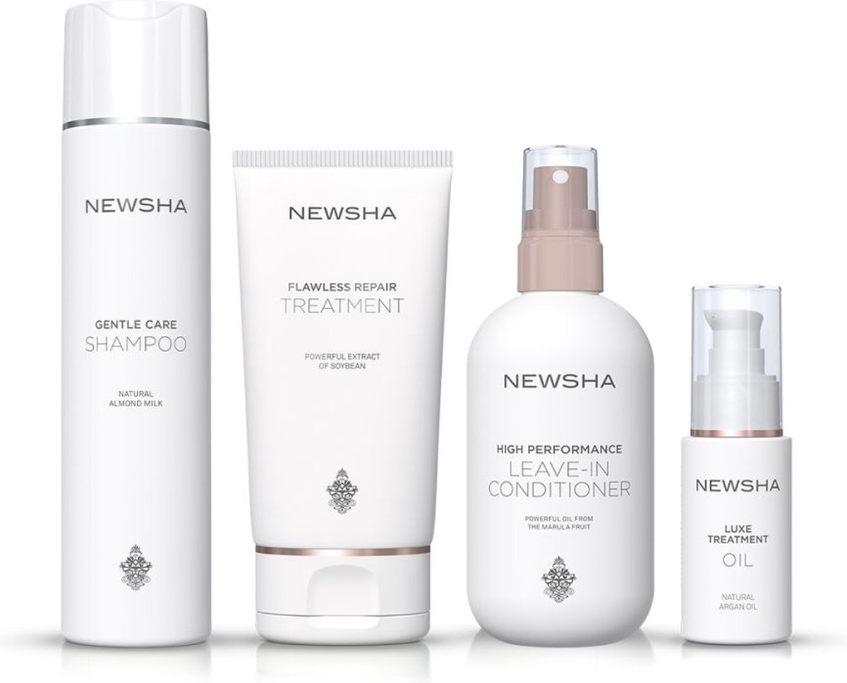 NEWSHA - Beauty Secret Bestseller - Set - GENTLE CARE SHAMPOO 250ml + FLAWLESS REPAIR TREATMENT 150ml + HIGH PERFORMANCE LEAVE-IN CONDITIONER 250ml + LUXE TREATMENT OIL 30ml