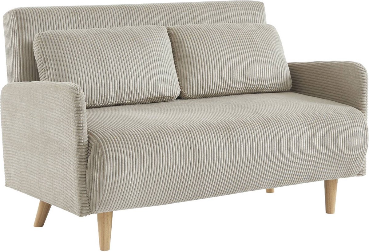 sweeek 2-zits slaapbank van corduroy met houten poten verstelbare rugleuning - panam beige