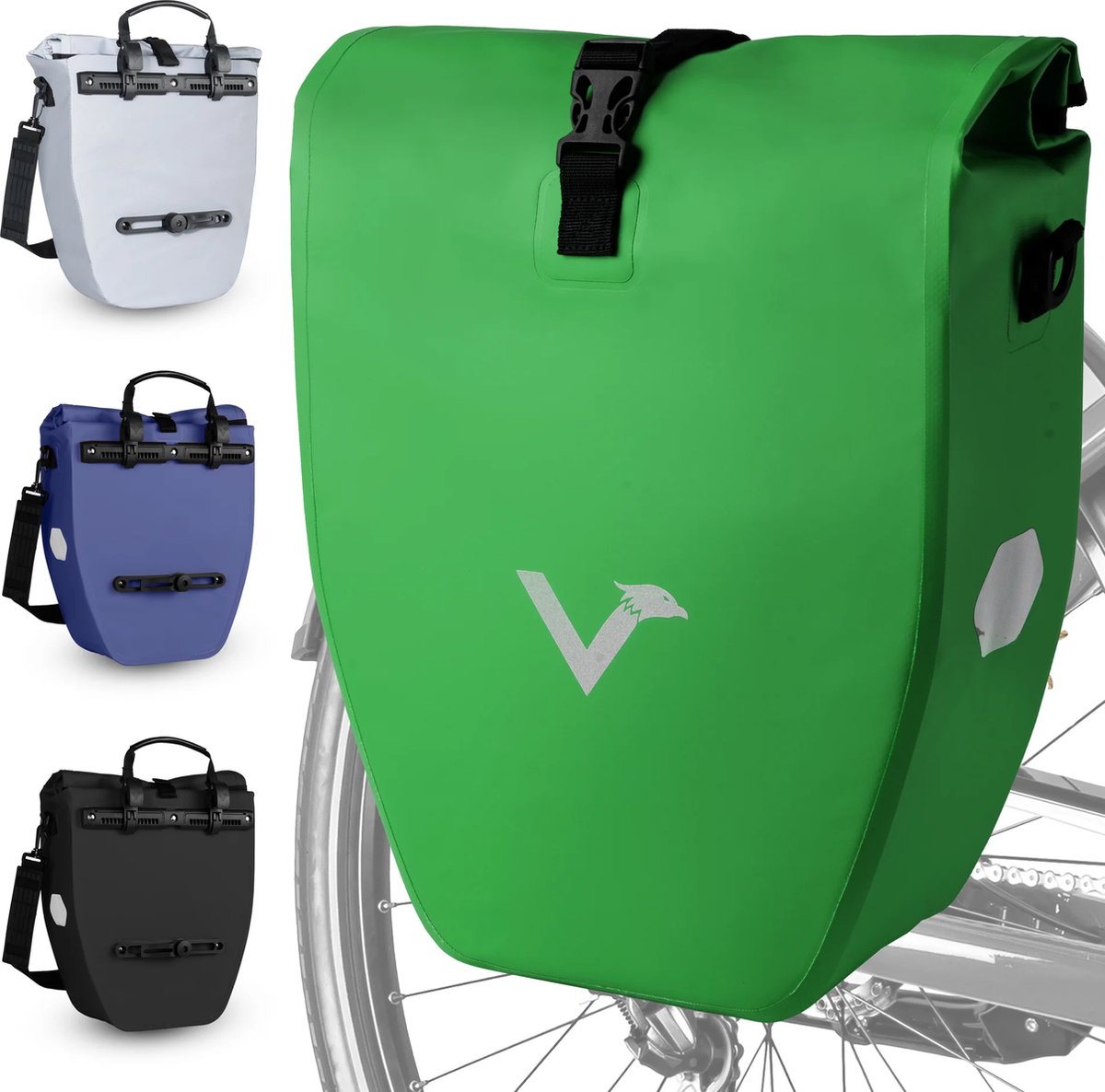Valkental - ValkBasic 20L - Groen - Grote en waterdichte bagagedragertas fietstas voor bagagedrager met reflectoren