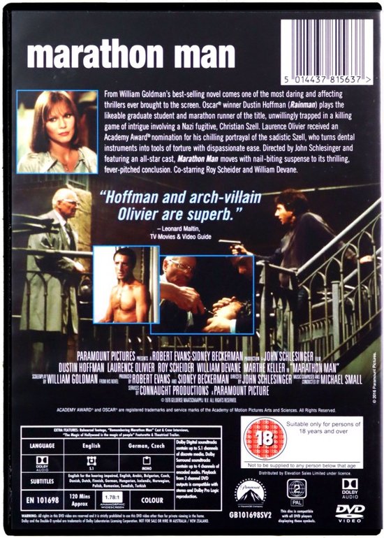 DVD-hoes van Marathon Man met Dustin Hoffman, Laurence Olivier en Roy Scheider. Bevat filminfo en beoordelingen.