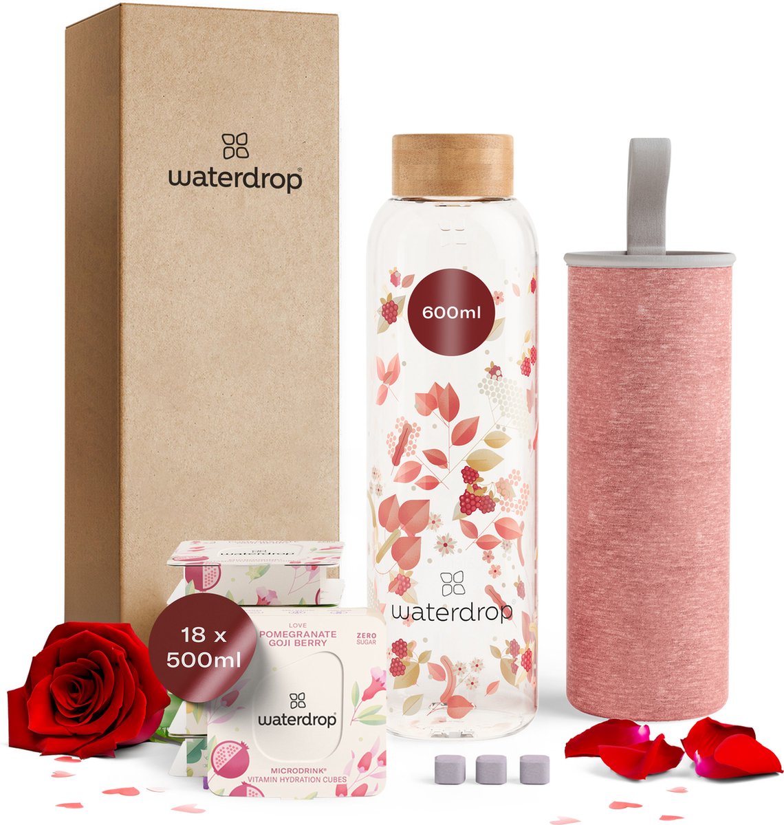 waterdrop® Starterset Glas - Flair Melange - valentijn cadeautje voor hem en haar - 1 Glas drinkfles 600 ml + 18 Microdrink bruistabletten