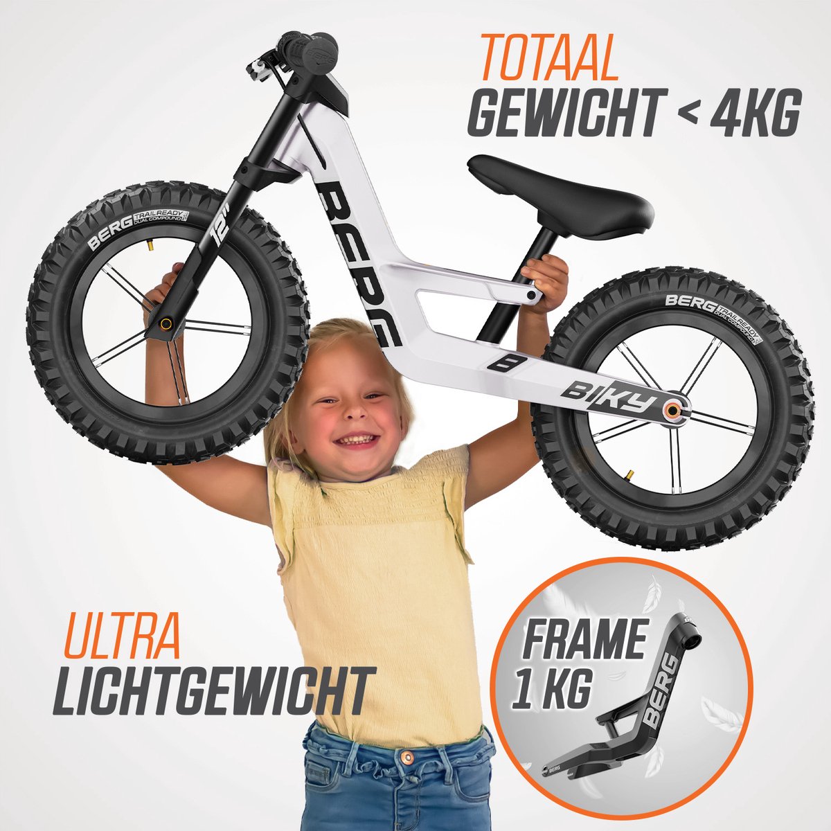 BERG Biky Cross White Loopfiets - 12 inch - Lichtgewicht Magnesium frame - Met Handrem - Verstelbaar Zadel - 2,5+ Jaar - Wit — afbeelding 9