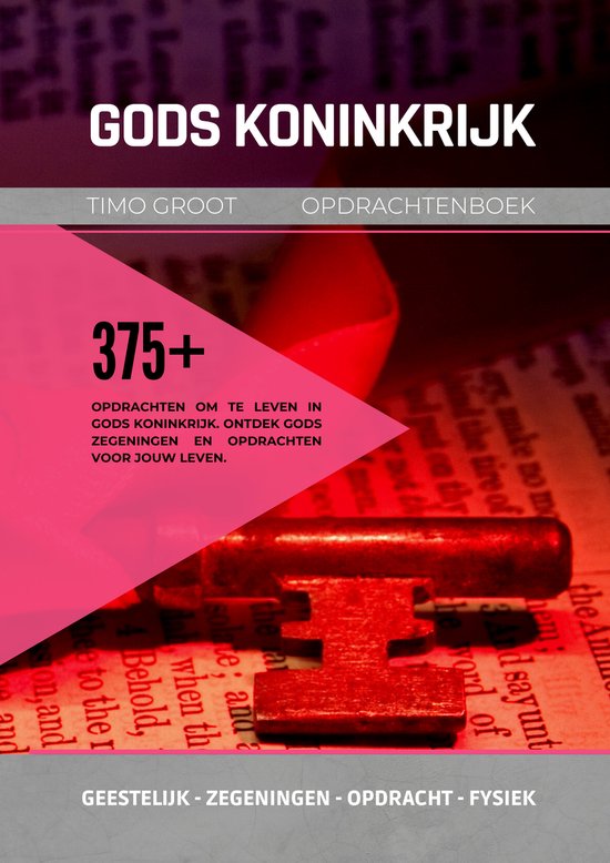 Gouden sleutel op oude Bijbeltekst, met "GODS KONINKRIJK OPDACHTENBOEK" in grote letters.