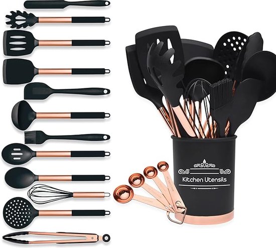 12-delige kookgerei set, siliconen kookgerei set lichtblauw non-stick keukengerei met houten handvat siliconen keukengerei