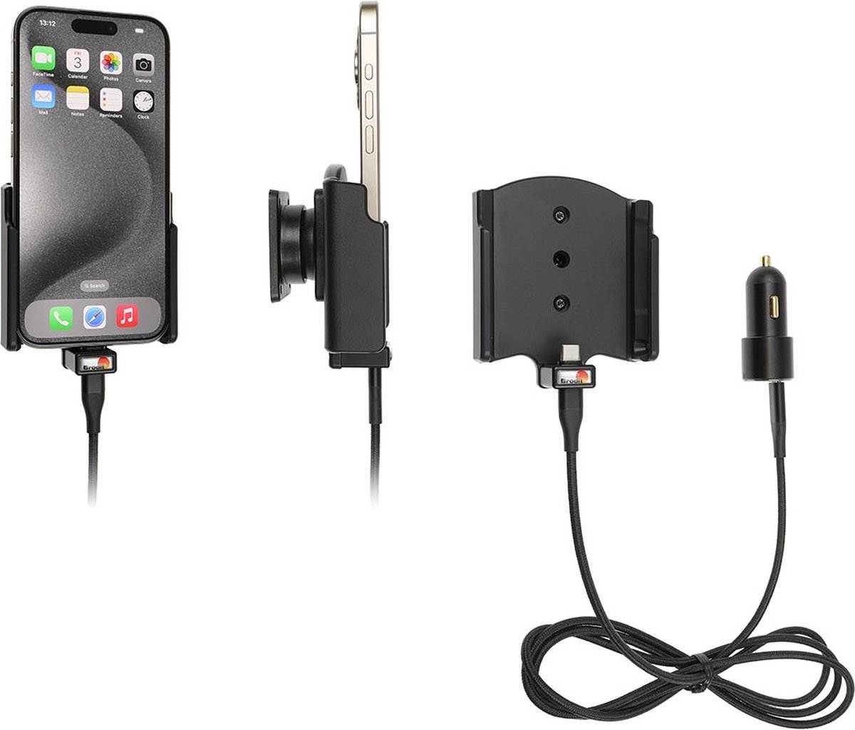 Brodit houder geschikt voor Apple iPhone 15 Actieve houder met 12V USB plug (Gestoffeerd)