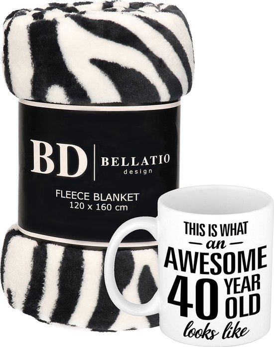 Cadeau verjaardag 40 jaar vrouw - Fleece plaid/deken zebra print met Awesome 40 year mok