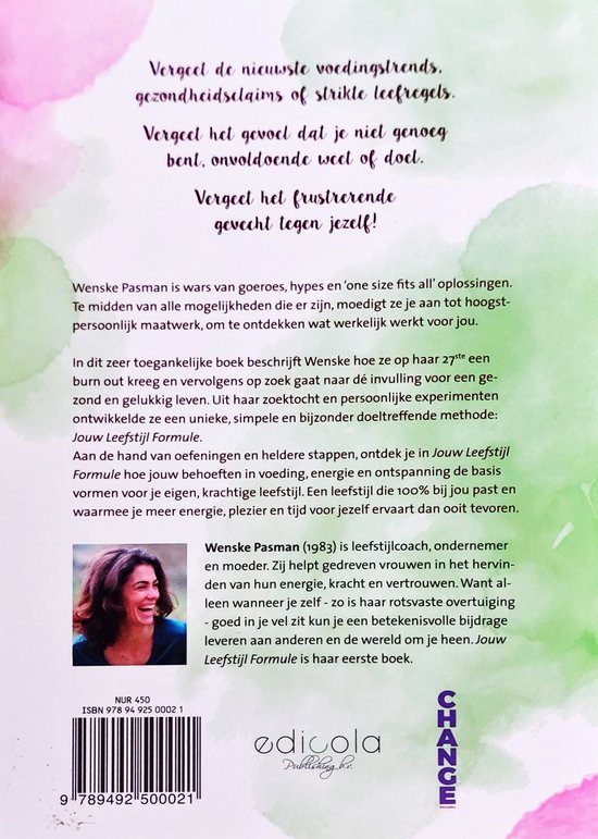 Achterkant van het boek 'Jouw Leefstijl Formule' met een foto van Wenske Pasman, een korte biografie, ISBN en uitgever.
