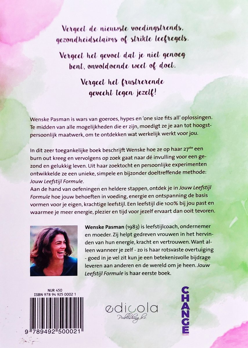 Achterkant van het boek 'Jouw Leefstijl Formule' met een foto van Wenske Pasman, een korte biografie, ISBN en uitgever.