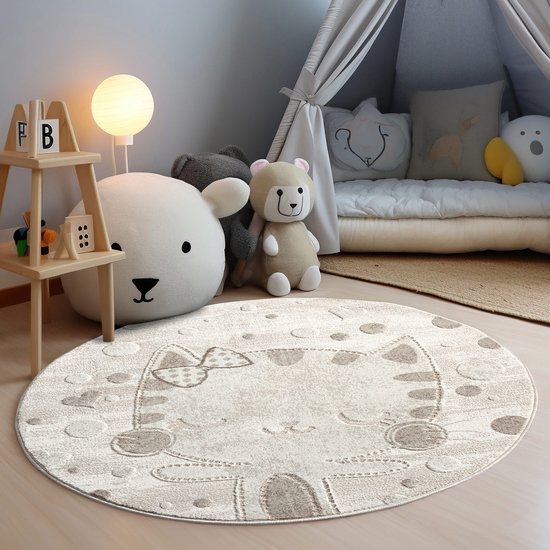 Tapis Hangar Mara Pussy Carpet Chambre d'enfant Crème Tapis à Poils Courts - 120 CM ROND