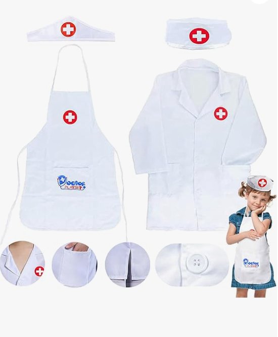 Verpleegster Verkleedpak 4 Stuks - Dokter Kostuum - Verkleed Speelgoed Bestaat uit Veilig Materiaal - Verpleegster Schort & Hoed Dokter Accessoires