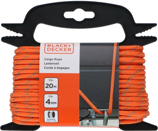 Foto: Black decker spanband met oproller 20 meter incl spanband oproller sjorband transport touw elastisch koord met reflecterende delen transportbeheer nylon kunststof oranje zwart