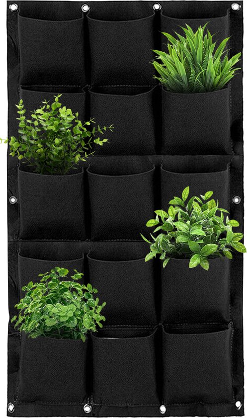 Verticale tuin met 15 plantenzakken voor buiten en binnen – Hangende plantenzak – Plantenmuur – 80 x 50 cm - Zwart