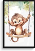 Poster in lijst - Fotolijst 60x90 cm - Posters - Aap - Dier - Kinderen - Jungle - Kinderkamer - Babykamer - Posterlijst zwart - Kamer decoratie - Wanddecoratie kinderkamer - Muurdecoratie babykamer