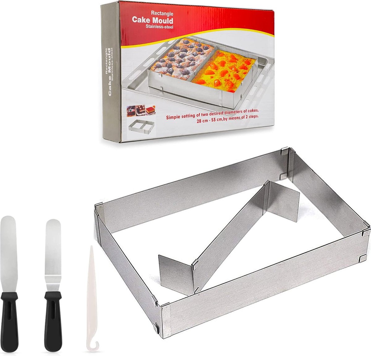 Bakframe rechthoekig verstelbaar herbruikbaar roestvrij staal rechthoekig taartring met hoekpalet bakring rechthoekig bakframe voor cake pizza bakken en decoreren