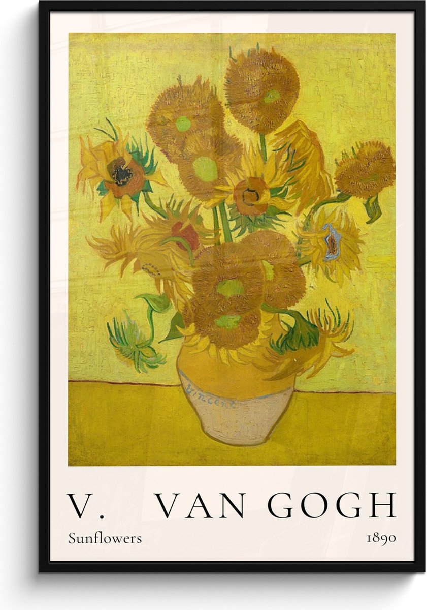 FrameYourWall Poster in lijst - Fotolijst 80x120 cm - Posters - Vincent van Gogh - Sunflowers - Kunst - Oude meesters - Zonnebloemen - Posterlijst zwart - Decoratie - Wanddecoratie woonkamer - Muurdecoratie slaapkamer