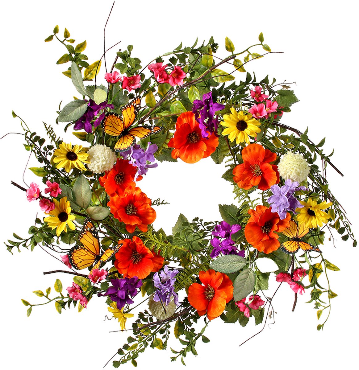 Viv! Home Luxuries Krans Bloemen - Zomerbloemen met vlinders - rood paars roze geel groen - Ø55cm