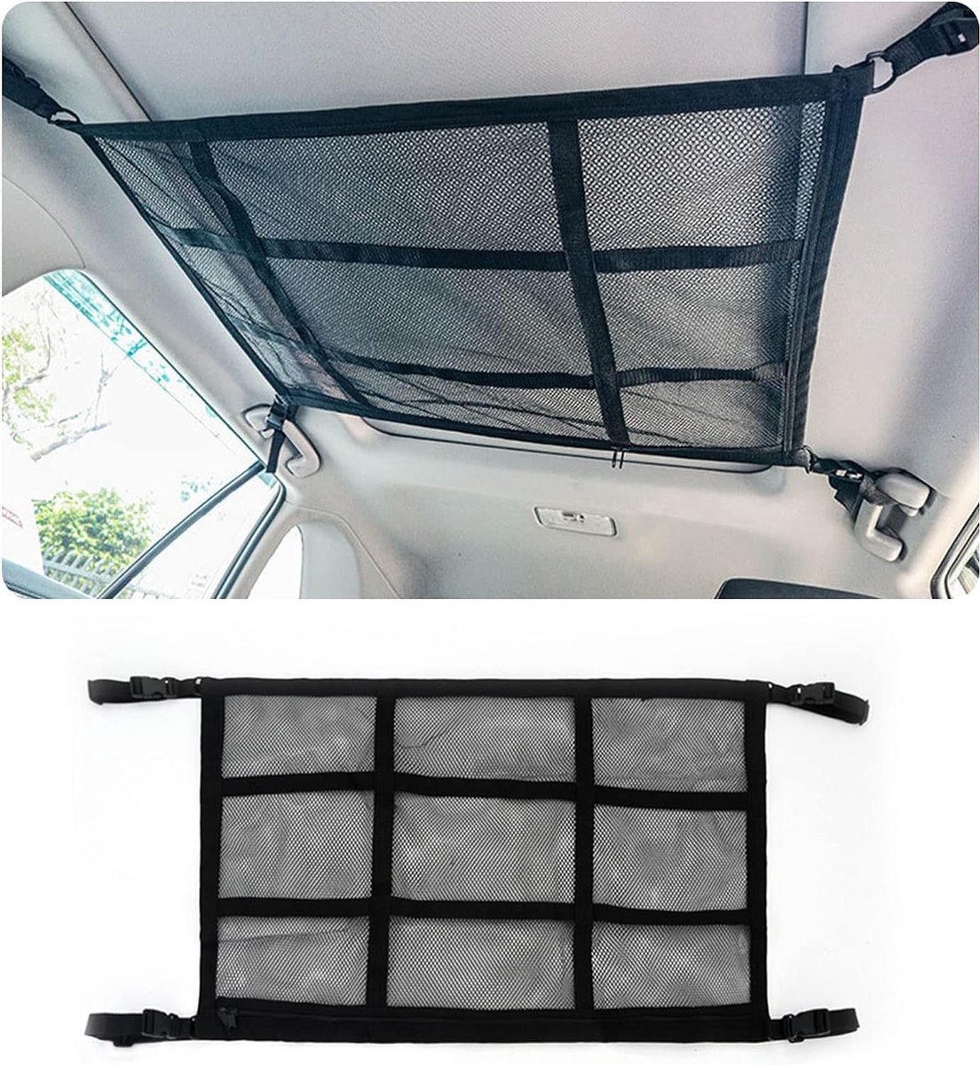 Bagagenet voor de auto, dubbellaags autodak, opslag voor dekens, autonet, organizer voor vier dakarmleuningen, SUV, jeep, bestelwagen, kofferbak en de meeste voertuigtypes. (90 x 65 cm)