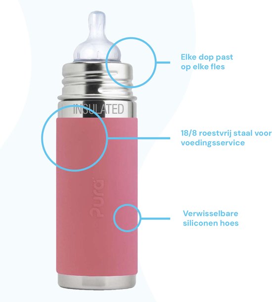 Pura Thermos Speenfles 260 ml - Thermoskan - Thermosfles - Plasticvrij - Met Isolatiewand - Voorkomt Maagkrampen - Inclusief Siliconen Speen, Reisdop en Sleeve - Roze van Merkloos — afbeelding 5