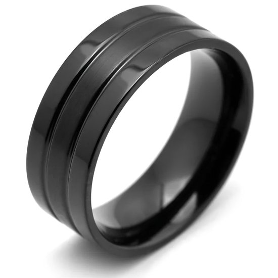 Ring Heren Zwart met Dubbele Streep - Staal - Ringen - Cadeau voor Man - Mannen Cadeautjes