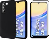 Hoesje geschikt voor Samsung Galaxy A15 - Screenprotector Volledig Dekkend Glas - Mat Back Case Zwart