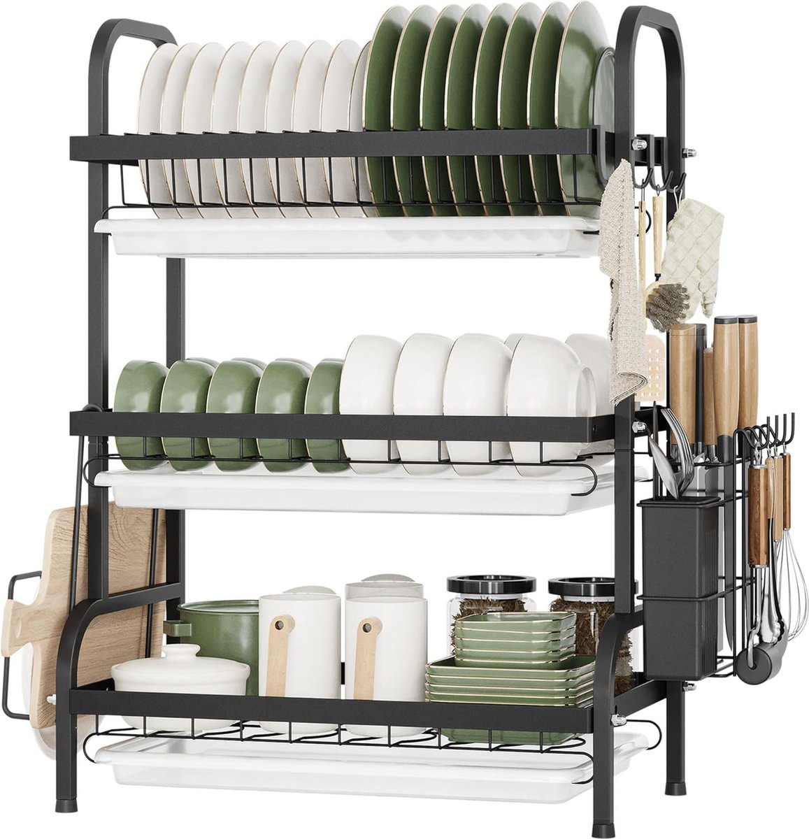 Goedkoopste 3-laags afdruiprek met lekbakken, snijplankhouder, bestekhouder, bekerhouder, afdruiprek, zwart