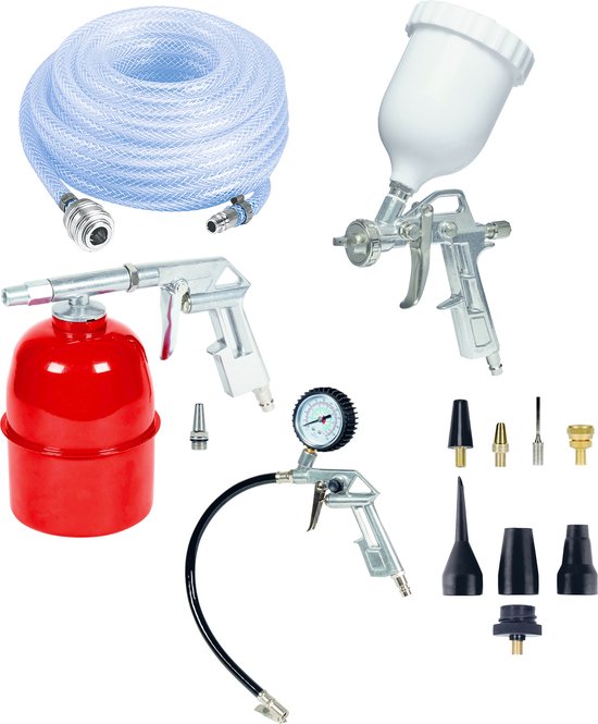 Einhell Perslucht Accessoireset - 13-delig - Incl. blaaspistool, bandenspanningsmeter, hogedrukslang, sproeipistool, verfspuitpistool met bovenbeker, 8-delige adapterset