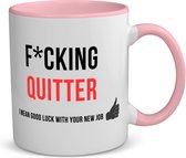 Akyol - fucking quitter i mean goodluck with your new job koffiemok - theemok Roze - Quotes - iemand die ontslag neemt - collega's - werknemers - verjaardagscadeau - verjaardag - cadeau - afscheidscadeau - geschenk - leuke cadeau - 350 ML inhoud