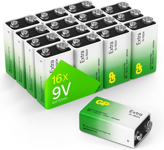 GP Extra Alkaline batterijen 9V - Batterij 9 volt blok - Batterij 6LR61 - 16 stuks - Nieuwe G-TECH Technologie