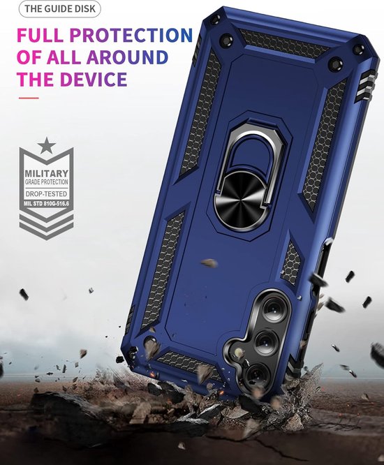 Blauw Samsung A25 hoesje met ring, vallend en militair gecertificeerde bescherming.