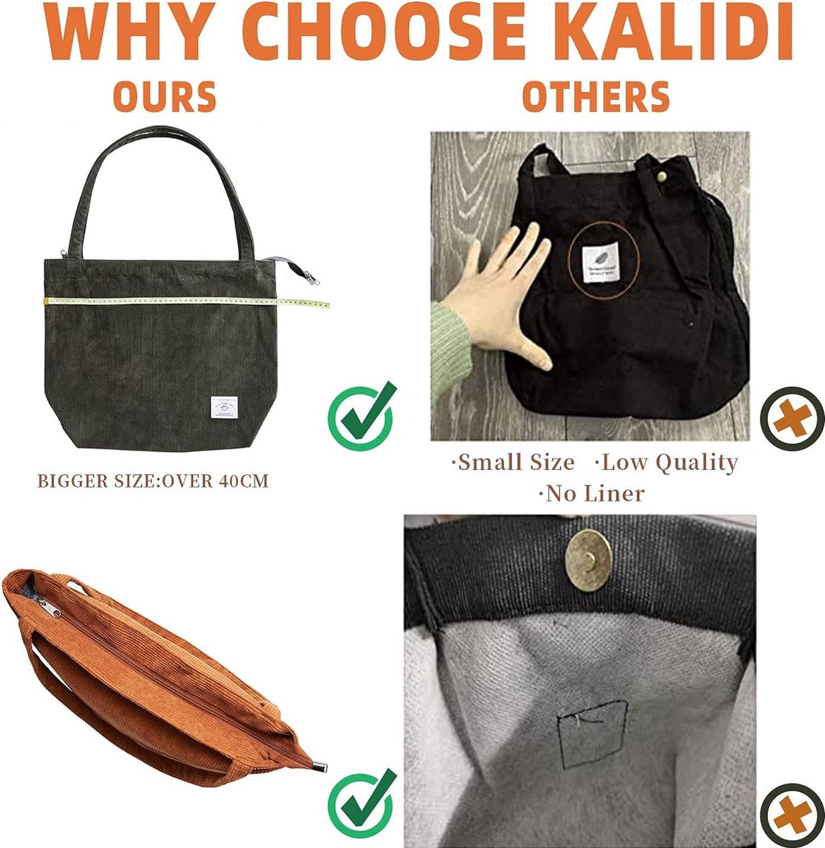 Sac Bandoulière Velours Côtelé Femme - Grand Sac Zippé | Pour Université, Travail, Shopping