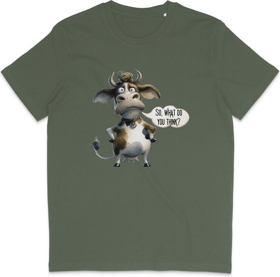 T-shirt drôle pour hommes et femmes - Impression de vache et texte / citation - Vert kaki - L
